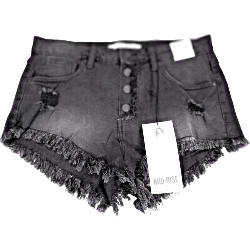 New Celebrity Pink Button Fly Jean Shorts Womens 11 Black Midrise Distress Jeans